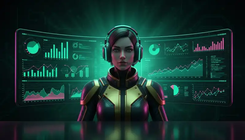 An analyst in front of several monitors with cohort charts in a dark room, emerald and pink neon light