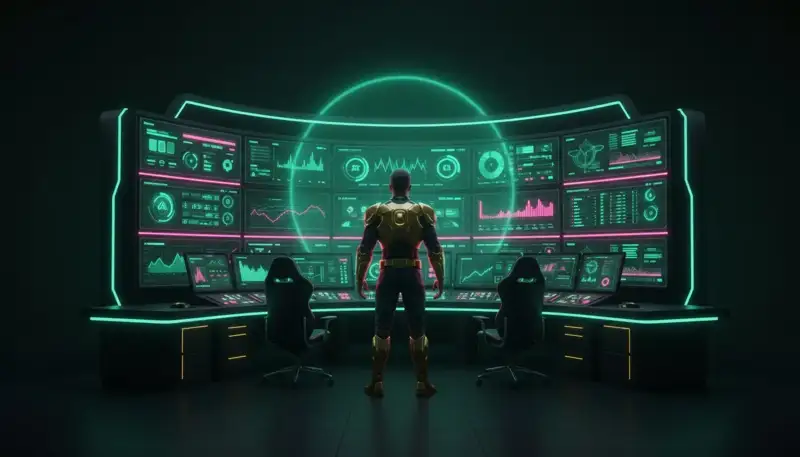 Night operations centre of an online casino: monitors with dashboards in emerald and pink neon light