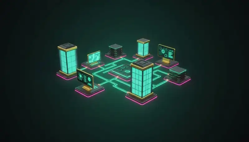 A diagram of the industry as glowing links between servers, screens and offices in a dark scene with emerald and pink neon