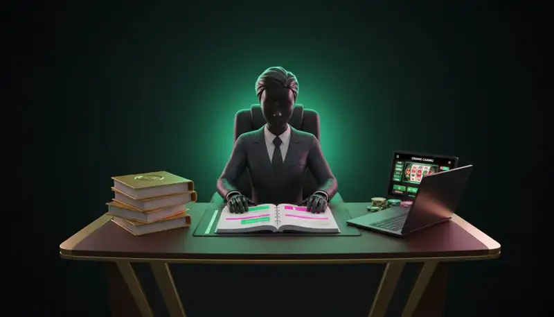 Un compliance manager alla scrivania con documenti normativi e un portatile