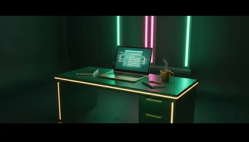 An author's desk at night: a laptop with a text open, a cup and a notebook in emerald and pink neon light
