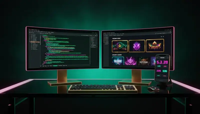 Postazione di uno sviluppatore frontend con codice e la lobby di un casinò online sui monitor