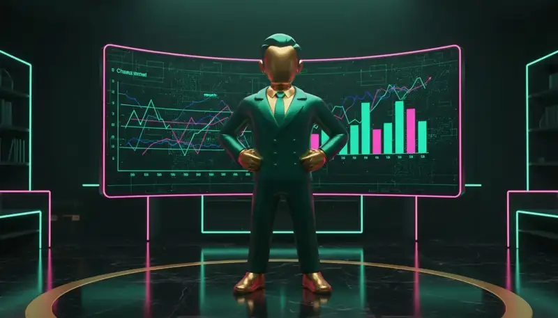 A marketing director in front of a large screen with acquisition channel charts in a dark office with emerald and pink neon