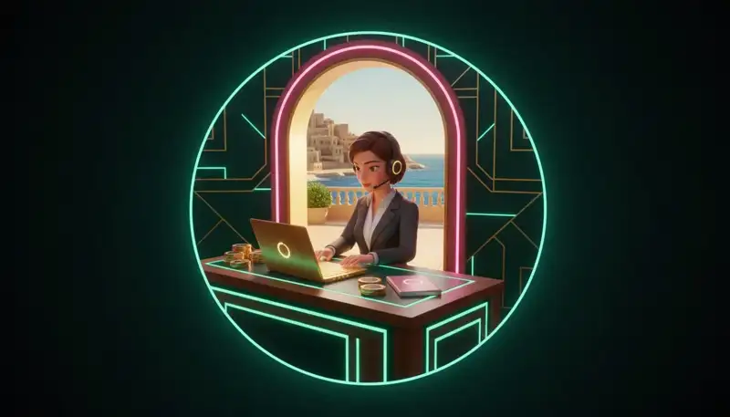 Principiante con laptop e cuffie sulla terrazza di un ufficio sul mare a Malta: il primo passo verso una carriera nell'iGaming