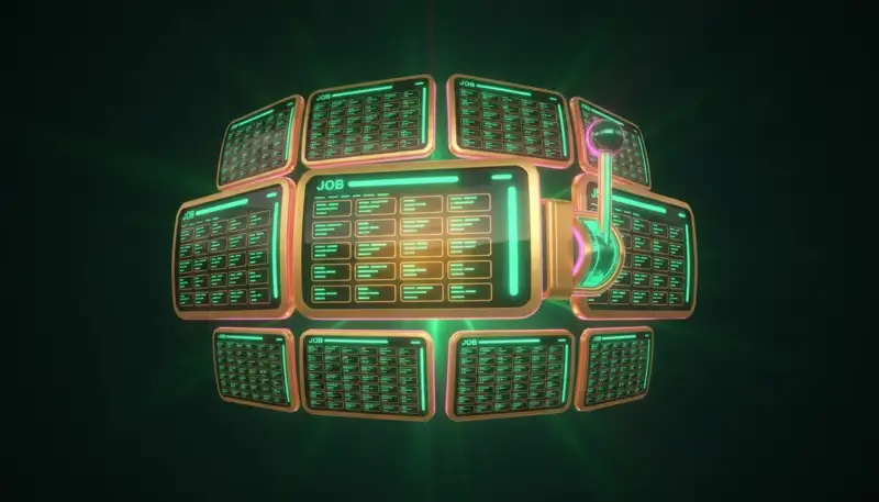 Dodici schermi luminosi con siti di lavoro in uno spazio neon scuro: confronto tra i job board iGaming