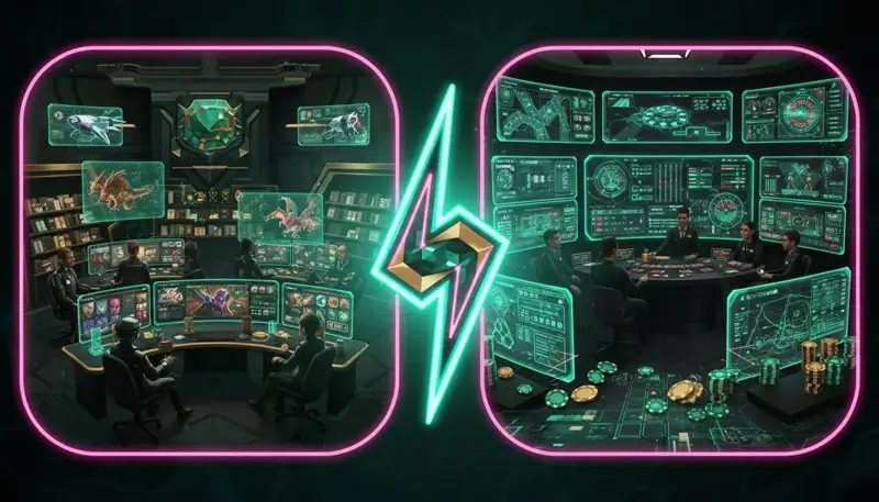 Two sides of the industry: a game development studio and a casino operations floor, separated by a glowing line of emerald and pink neon