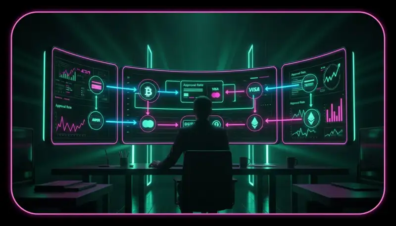 Payments manager in front of screens showing payment routing between providers