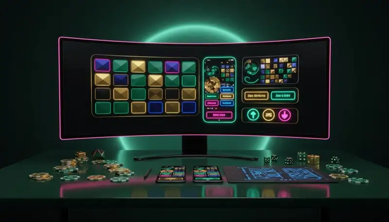 Postazione di un designer UI/UX con mockup dell'interfaccia di un casinò online su monitor e telefoni