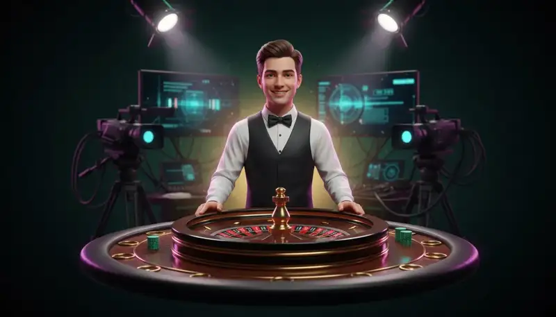 Dealer di casinò live al tavolo della roulette in studio, sotto le telecamere