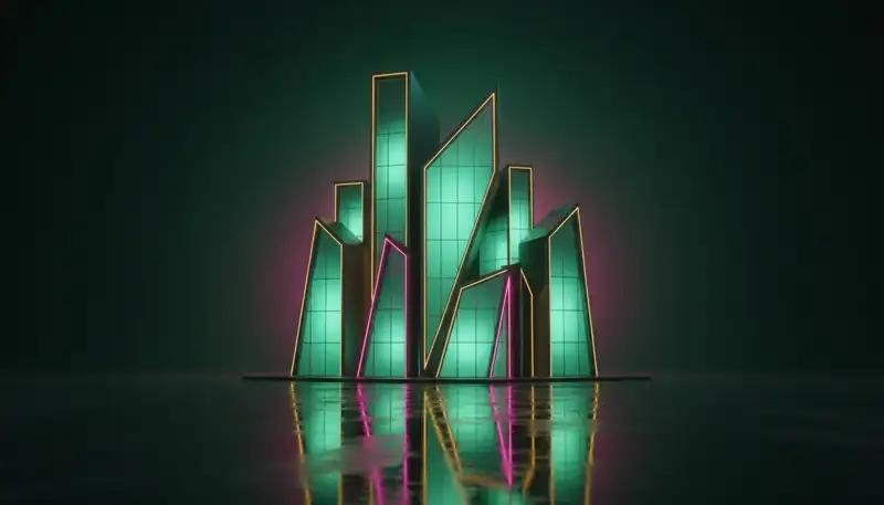 An evening street in Barcelona with office windows lit by emerald and pink neon