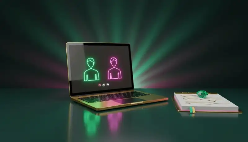 Laptop with a video call in a dark room, emerald and pink neon lighting, a notepad with interview notes