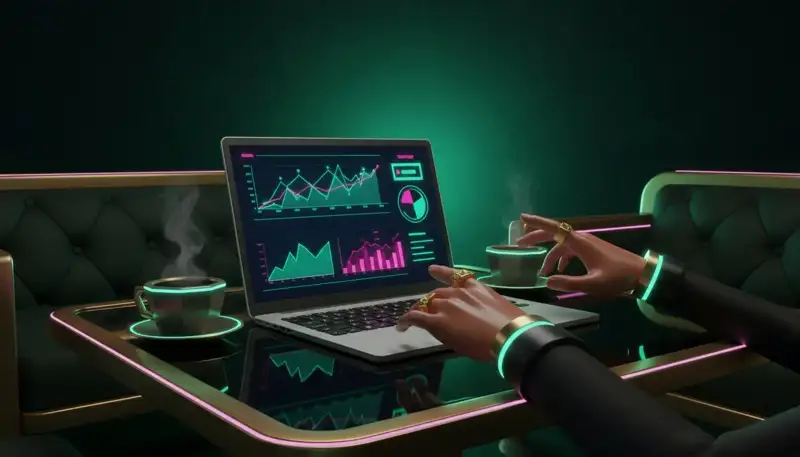 A negotiation at a table in a dark lounge, affiliate traffic charts on a laptop screen, emerald and pink neon