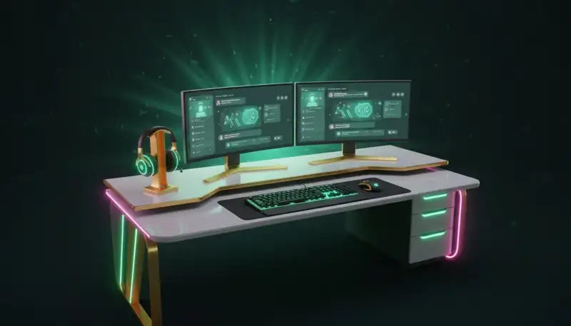 A support agent’s workstation at night: headset, two monitors with chat, emerald and pink neon light