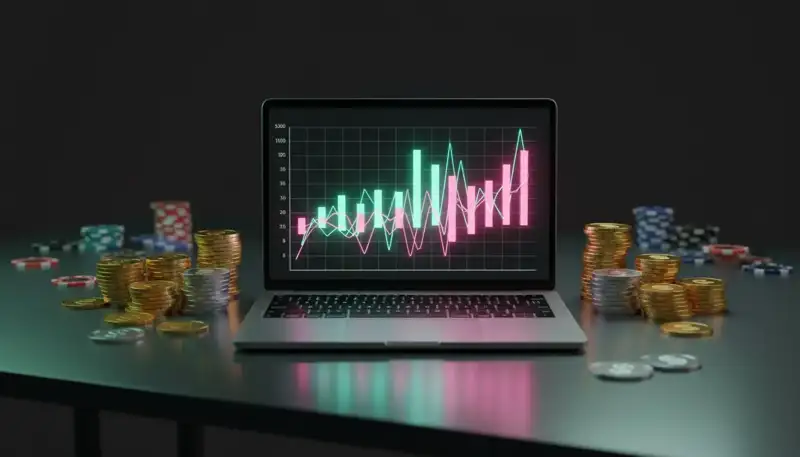 Laptop con un grafico degli stipendi tra pile di monete e fiche da casinò